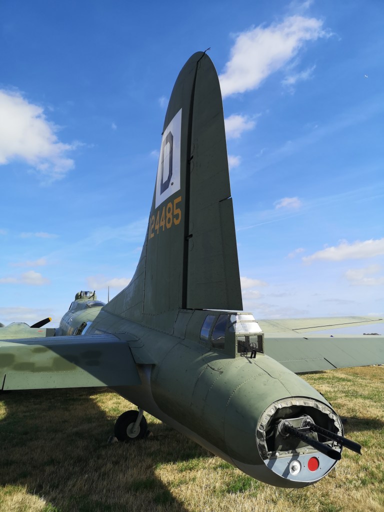 Een zijaanzicht van een militaire tweedekker met een groene romp en een opvallende staart, met het registratienummer '24485' en een witte letter D op de achterkant, onder een blauwe lucht met enkele wolken.